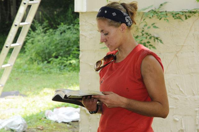 Laura Hatfield, administrative assistant for KHO and summer camp manager, and a 2007 graduate of CU, led devotionals during lunch for her crew, one of which she discussed the story of The Three Young Men, Shadrach, Meshach and Abednego. (Campbellsville University Photo by Ashley Zsedenyi)