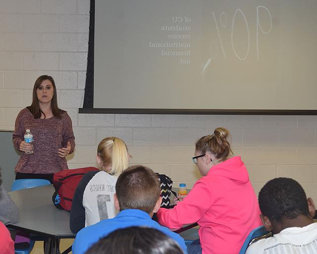 CU Admissions Counselor Lauren Willis speaks to a group