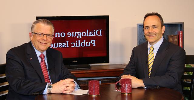 Dr. John Chowning, vice president for church and external relations and executive assistant to the president of Campbellsville University, right, interviews Matt Bevin, Republican candidate  for Kentucky governor, for his “Dialogue on Public Issues” show. 