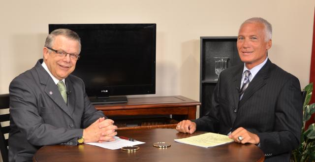 Campbellsville University’s John Chowning, vice president for church and external relations and executive assistant to the president of CU, right, interviews Mike Deaton, superintendent of the Campbellsville Independent School District, for his “Dialogue on Public Issues” show. The show will air Sunday, Aug. 4 at 8 a.m.; Monday, Aug. 5 at 1:30 p.m. and 6:30 p.m.; and Wednesday, Aug. 7 at 1:30 p.m. and 6:30 p.m. The show is aired on Campbellsville’s cable channel 10 and is also aired on WLCU FM 88.7 at 8 a.m. and 6:30 p.m. Sunday, Aug. 4. (Campbellsville University Photo by Ye Wei “Vicky”)