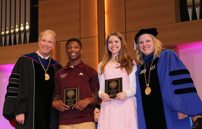 From left Donna Hedgepath, vice president of academic affairs and professor of education, Bethany Lester, Fontez Hill and Dr. Michael V. Carter, president of Campbellsville University (University Photo by Drew Tucker)