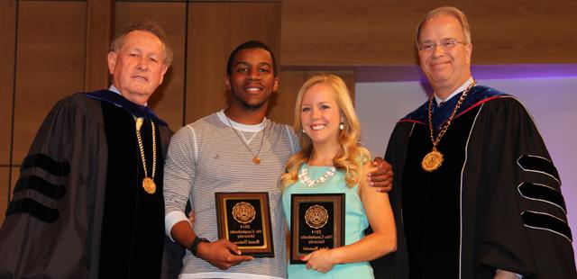 Audrey Wunderlich, second from left, and Rodrick Derico "Rico" Dickerson, were named Mr. and Miss Campbellsville University by from left Dr. Michael V. Carter, president, and Dr. Frank Cheatham, senior vice president for academic affairs, during Honors and Awards Day. (Campbellsville University Photo by Rachel DeCoursey)