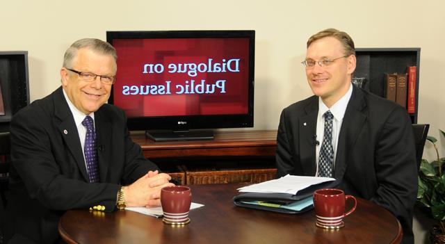 Campbellsville University’s John Chowning, vice president for church and external relations and executive assistant to the president of CU, right, interviews Richard Nelson, executive director for Commonwealth Policy Center in Herndon, Ky., for his “Dialogue on Public Issues” show. The show will air Sunday, June 9 at 8 a.m.; Monday, June 10 at 1:30 p.m. and 6:30 p.m.; and Wednesday, June 12 at 1:30 p.m. and 6:30 p.m. The show is aired on Campbellsville’s cable channel 10 and is also aired on WLCU FM 88.7 at 8 a.m. and 6:30 p.m. Sunday, June 9. (Campbellsville University Photo by Ye Wei “Vicky”)