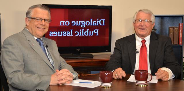 Campbellsville University’s John Chowning, vice president for church and external relations and executive assistant to the president of CU, right, interviews Taylor County Judge/Executive Eddie Rogers for his “Dialogue on Public Issues” show. The show will air Sunday, Aug. 18 at 8 a.m.; Monday, Aug. 19 at 1:30 p.m. and 6:30 p.m.; and Wednesday, Aug. 21 at 1:30 p.m. and 6:30 p.m. The show is aired on Campbellsville’s cable channel 10 and is also aired on WLCU FM 88.7 at 8 a.m. and 6:30 p.m. Sunday, Aug. 18. (Campbellsville University Photo by Drew Tucker)