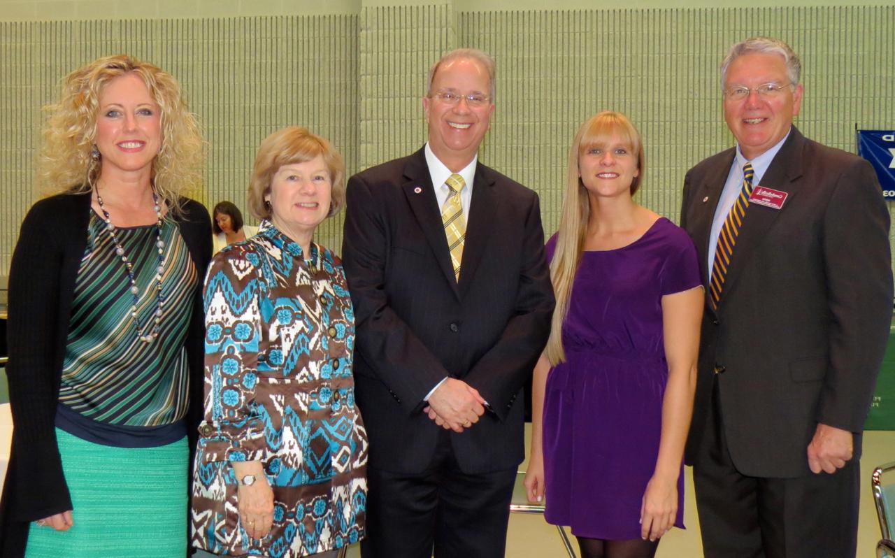 Pictured with guest speaker Dr. Michael V. Carter, president of Campbellsville University at the April lunch meeting of the Somerset Pulaski County Chamber of Commerce, were from left – Dr. Keith Spears, CU vice president for graduate and professional studies; alumnae Megan Massey; Carter and his wife Debbie; and Leah Taylor, former president of the Chamber. (Campbellsville University Photo by Linda Marcum Waggener)