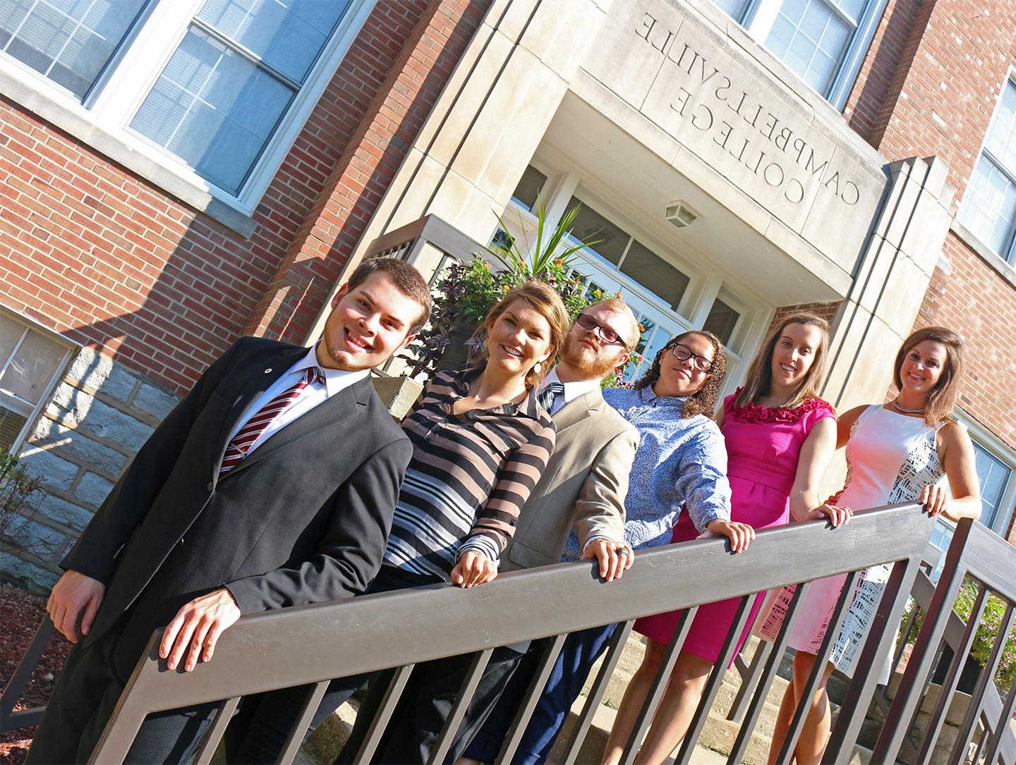 Campbellsville University's Student Government Association officers were among the first students on campus in August, getting organized for action. Officers are, from left: Ellie McKinley, vice president of student activities, a senior public relations/Spanish from Campbellsville, Ky.; Katlin Weeks, secretary, a senior political science and Christian missions major from Louisville, Ky.; Kidada Dowell, vice president, a junior Biblical studies/political science major from Radcliff, Ky.; JoshuabVincent, vice president of Alumni Affairs, a junior history/Biblical studies major from Louisville, Ky.; Samantha Stevenson, vice president of public relations, a junior psychology/journalism major from Elizabethtown, Ky.; and Michael Jennings, president, a senior psychology and theatre major from Edmonton, Ky. (Campbellsville University Photo by Drew Tucker)