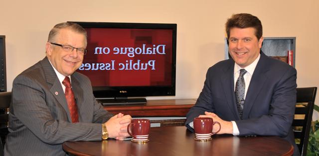 Campbellsville University’s John Chowning, vice president for church and external relations and executive assistant to the president of CU, right, interviews Ken Selvaggi, vice president and general manager for WAVE 3 TV, for his “Dialogue on Public Issues” show. The show will air Sunday, April 14 at 8 a.m.; Monday, April 15 at 1:30 p.m. and 6:30 p.m.; Tuesday, April 16 at 1:30 p.m. and 6:30 p.m.; Wednesday, April 17 at 1:30 p.m. and 6:30 p.m.; Thursday, April 18 at 8 p.m.; and Friday, April 19 at 8 p.m. The show is aired on Campbellsville’s cable channel 10 and is also aired on WLCU FM 88.7 at 8 a.m. Sunday, April 14. (Campbellsville University Photo by Linda Waggener)