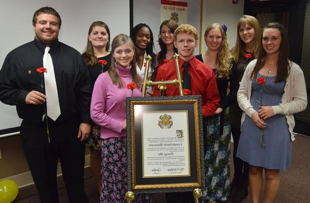 Student initiates into Omega Mu chapter of Sigma Delta Pi Spanish honor society are, from left: Front row—Amaris Vest, Brent Hatfield, Sarah Theimer and Michael McKinley. Back row—Hannah Boyd, Jessica Egbert, Hannah Baird, Kaylee Kaminski and Kamika Joyner. (Campbellsville University Photo by Gerry James)