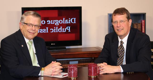 Dr. John Chowning, vice president for church and external relations and executive assistant to the  president of Campbellsville University, right, interviews Dr. Matthew Sleeth, noted creation  care/earth stewardship speaker, writer and head of the Blessed Earth organization. The show will air Sunday, May 25 at 8 a.m.; Monday, May 26 at 1:30 p.m. and 6:30 p.m.; and Wednesday, May 28  at 1:30 p.m. and 6:30 p.m. The show is aired on Campbellsville’s cable channel 10 and is also aired  on WLCU FM 88.7 at 8 a.m. and 6:30 p.m. Sunday, May 25. (Campbellsville University Photo by  Drew Tucker)