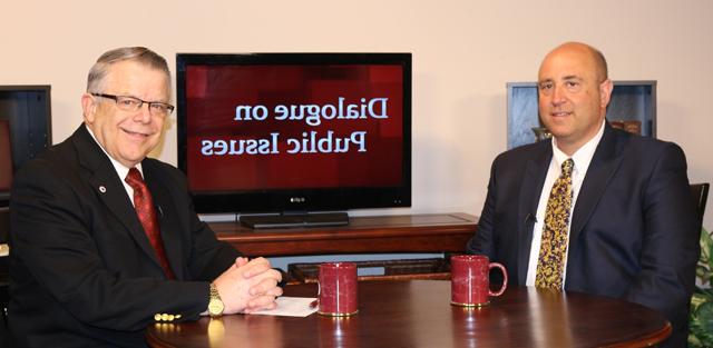 Dr. John Chowning, vice president for church and external relations and executive assistant to  the president of Campbellsville University, right, interviews Jonathan Steiner, executive director  and chief executive officer for the Kentucky League of Cities in Frankfort, Ky., for his “Dialogue on Public Issues” show. 