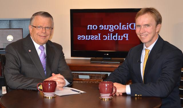 Campbellsville University’s John Chowning, vice president for church and external relations and executive assistant to the president of CU, right, interviews Kentucky State Treasurer Todd Hollenbach for the Dialogue on Public Issues Show on WLCU on the Campbellsville University campus. The show will air Sunday, May 27 at 8 a.m.; Monday, May 28 at 1:30 p.m. and 6:30 p.m.; Tuesday, May 29 at 1:30 p.m. and 6:30 p.m.; Wednesday, May 30 at 1:30 p.m. and 6:30 p.m.; Thursday, May 31 at 8 p.m.; and Friday, June 1 at 8 p.m. The show is aired on Campbellsville’s cable channel 10 and is also aired on WLCU FM 88.7 at 8 a.m. Sunday, May 2. (Campbellsville University Photo by Joan C. McKinney)