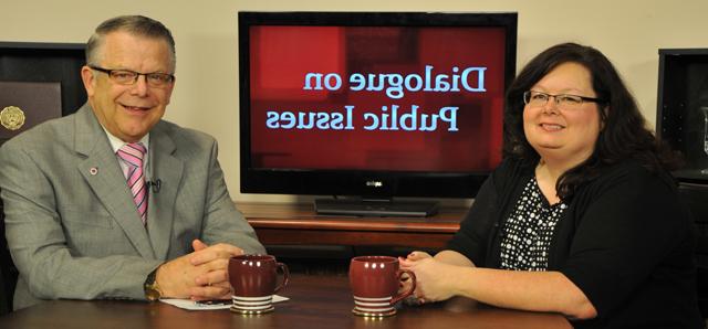 Campbellsville University’s John Chowning, vice president for church and external relations and executive assistant to the president of CU, right, interviews Dr. Twyla Hernandez, assistant professor of Christian ministries, for his “Dialogue on Public Issues” show. The show will air Sunday, Sept. 1 at 8 a.m.; Monday, Sept. 2 at 1:30 p.m. and 6:30 p.m.; and Wednesday, Sept. 3 at 1:30 p.m. and 6:30 p.m. The show is aired on Campbellsville’s cable channel 10 and is also aired on WLCU FM 88.7 at 8 a.m. and 6:30 p.m. Sunday, Sept. 1. (Campbellsville University Photo by Samantha Clark)