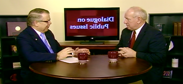 CAMPBELLSVILLE, Ky.-- Campbellsville University’s John Chowning, vice president for church and external relations and executive assistant to the president of CU, right, interviews Dr. Warren Beeler, director of agriculture policy with the Kentucky Department of Agriculture. The show will air Sunday, Feb. 17 at 8 a.m.; Monday, Feb. 18 at 1:30 p.m. and 6:30 p.m.; Tuesday, Feb. 19 at 1:30 p.m. and 6:30 p.m.; Wednesday, Feb. 20 at 1:30 p.m. and 6:30 p.m.; Thursday, Feb. 21 at 8 p.m.; and Friday, Feb. 22 at 8 p.m. The show is aired on Campbellsville’s cable channel 10 and is also aired on WLCU FM 88.7 at 8 a.m. Sunday, Feb. 17. (Campbellsville University Photo by Alan Haven)