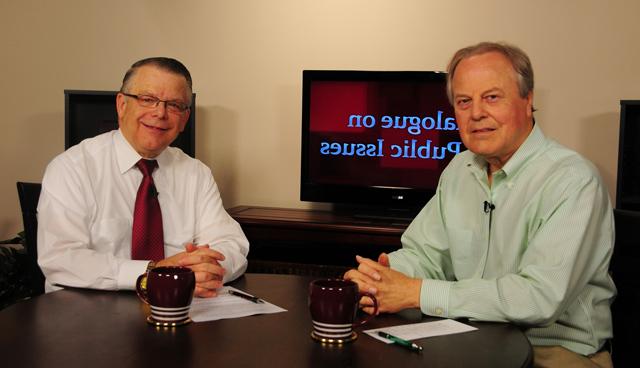 Campbellsville University’s John Chowning, vice president for church and external relations and executive assistant to the president of CU, right, interviews United States Congressman Ed Whitfield, a Republican member of the U.S. House of Representatives, representing the First District of Kentucky, on his “Dialogue on Public Issues” show on Campbellsville University’s WLCU-TV. The show will air Sunday, Aug. 19 at 8 a.m.; Monday, Aug. 20 at 1:30 p.m. and 6:30 p.m.; Tuesday, Aug. 21 at 1:30 p.m. and 6:30 p.m.; Wednesday, Aug. 22 at 1:30 p.m. and 6:30 p.m.; Thursday, Aug. 23 at 8 p.m.; and Friday, Aug. 24 at 8 p.m. The show is aired on Campbellsville’s cable channel 10 and is also aired on WLCU FM 88.7 at 8 a.m. Sunday, Aug. 19. (Campbellsville University Photo by Christina L. Kern)