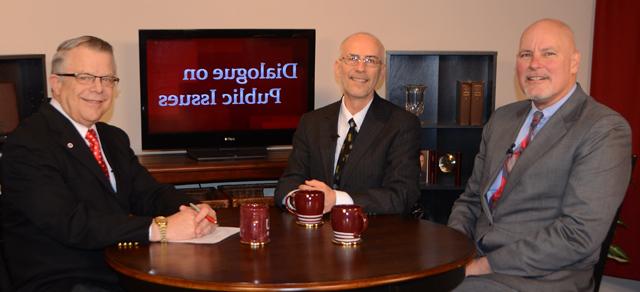 Dr. John Chowning, vice president for church and external relations and executive assistant to  the president of Campbellsville University, right, interviews Dr. Scott Wigginton, professor for pastoral ministries and counseling; and Dr. John Hurtgen, dean of the School of Theology, for his “Dialogue on Public Issues” show. 