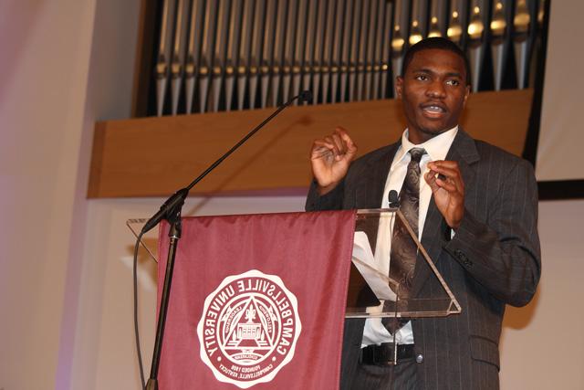 Yves Jean Baptiste, a junior of Haiti, leads Campbellsville University's chapel service Jan. 30. (Campbellsville University Photo by Rachel DeCoursey)