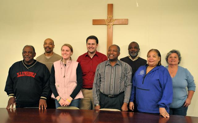 Zion Bible Institute students attend Campbellsville University’s fully accredited Certificate in Ministry course held at Jacob Grove Baptist Church in Summersville, Ky. to further their education in Christian theology. In the Nov. 20, 2012 classroom were, from left: student Gayla Rogers, Buffalo, Ky.; Pamela Young Buford, the Rev. James Washington, the Rev. Michael Caldwell, all from Campbellsville, Ky.; the Rev. Barry E. Fields, Hawesville, Ky.; CU student Kristina Critcher, Boone, N.C.; the Rev. James I. Buford, Campbellsville, Ky.; and Jacob Grove leader and Zion Bible Institute crusader Jerry Cowherd, Greensburg, Ky. (Campbellsville University Photo by Linda Waggener)