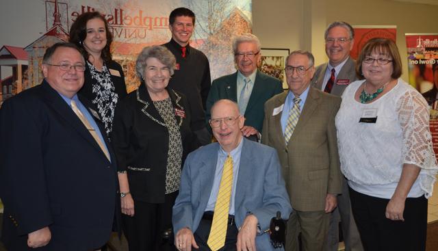 Together at the 8th Annual Media Appreciation Luncheon were from left: Ed McGuire, after winning the Distinguished Service Award presented by the Department of Mass Communication; First row -- Joan McKinney, Al Hardy, Ginny Flanagan and Stan McKinney. Back row -- Dr. Keith Spears, Jimmie Woosley, Alan Haven and Jeannie Clark. The luncheon was March 21, 2012 in the Banquet Hall.