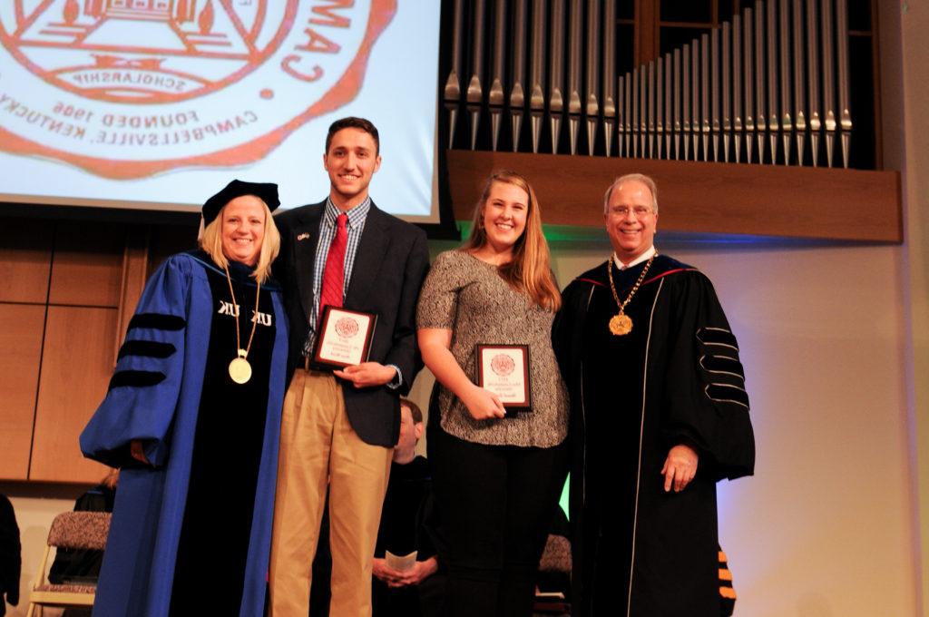 Hannah Sadler of Campbellsville, Ky., second from left, and Aaron Nosich of Radcliff, Ky., third from left, were awarded with the Mr. and Miss Campbellsville award by Dr. Michael V. Carter, president, first from left, and Dr. Donna Hedgepath, vice president for academic affairs, during the Honors and Awards Day at Campbellsville University. (Campbellsville University Photo by Joshua Williams)