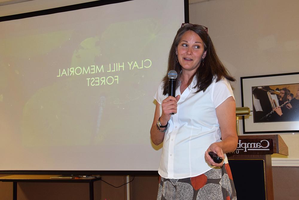 Amy Berry, instructor of environmental science at Campbellsville University and environmental educator at the Clay Hill Memorial Forest, speaks at the Campbellsville University’s Women’s Alliance, about Clay Hill Memorial Forest. (Campbellsville University Photo by Josh Christian)