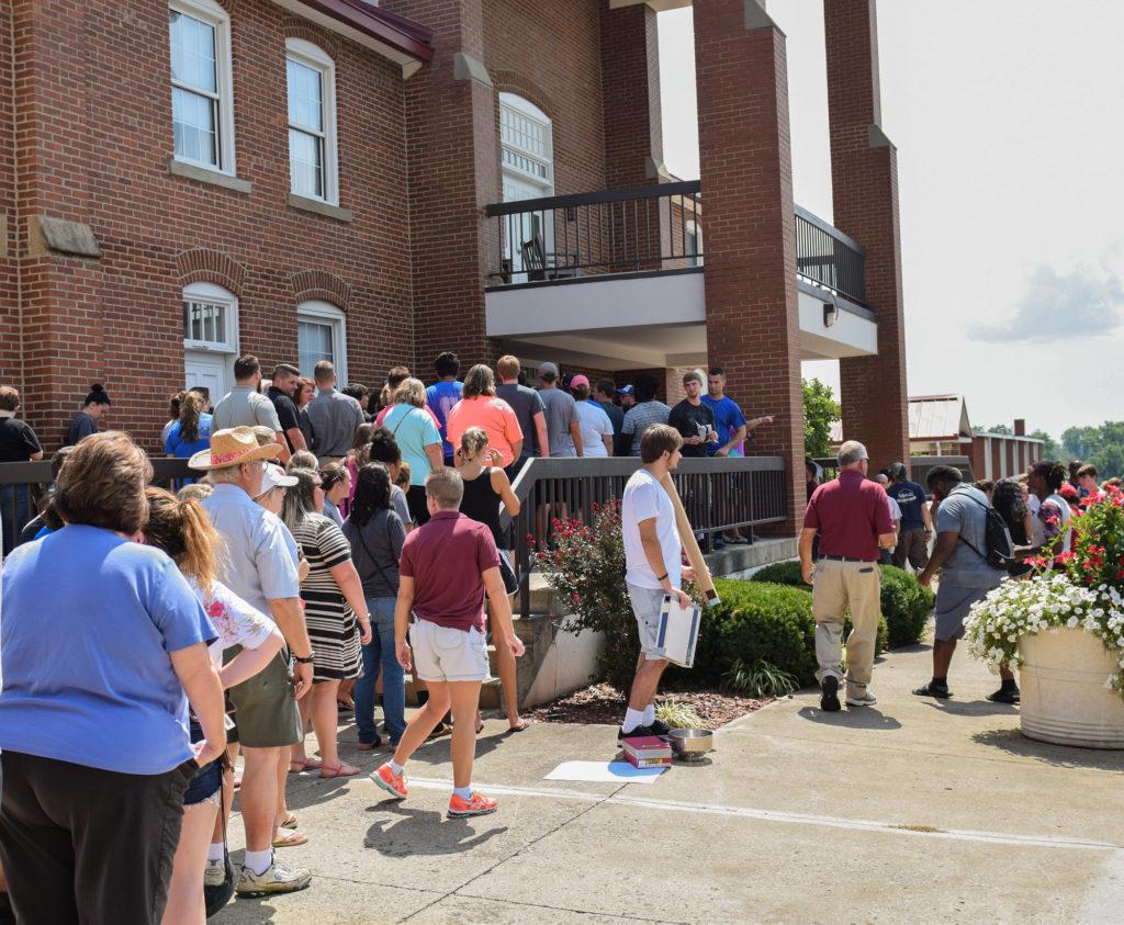 The line to give out 500 glasses for solar eclipse.